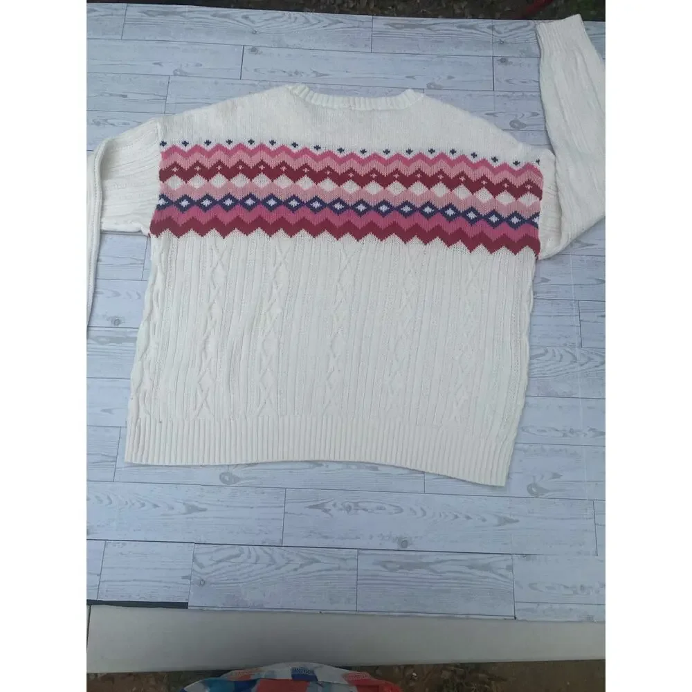 Chaps Women’s Fair Isle Sweater Large Cream Pink Red Cable Knit Nordic Winter - Picture 6 of 7
